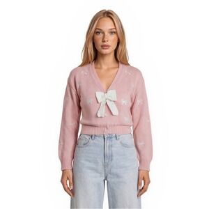 Threaded Leaf Pink Cream Bows Cardigan Sweater Women's Size Medium Embroidered